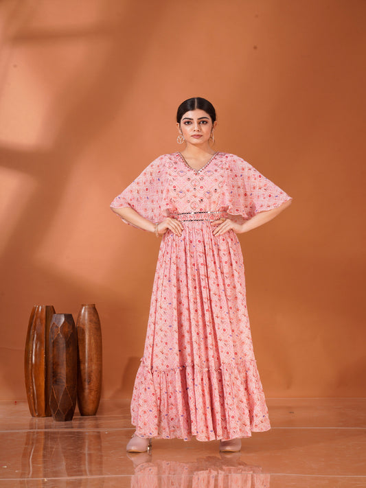 Rose Drape – Cape Style Printed Gown in Viscose Chinon