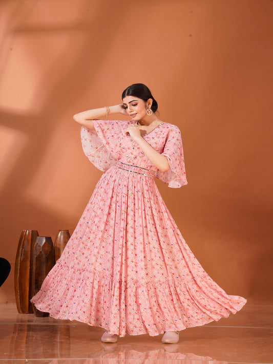 Rose Drape – Cape Style Printed Gown in Viscose Chinon