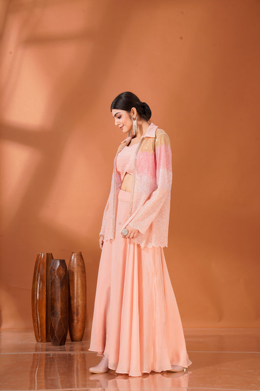 Sundown Sparkle – Peach Embroidered Jacket Set in Net