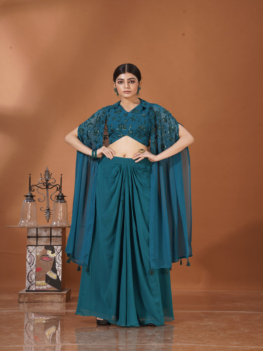 Zehraan Aura – Teal Draped Skirt & Cape Set in Viscose Georgette