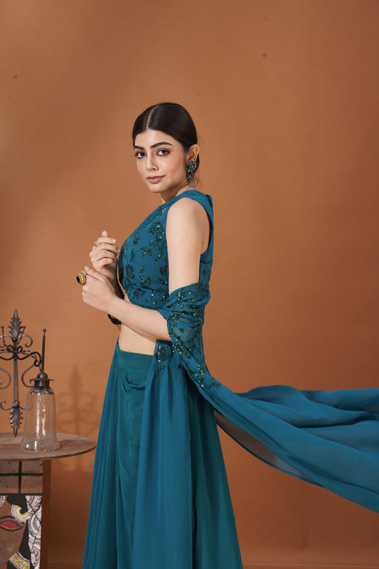 Zehraan Aura – Teal Draped Skirt & Cape Set in Viscose Georgette
