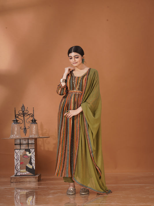 Mehfil Muse – Earthy Striped Kurta Set in Viscose Chinon