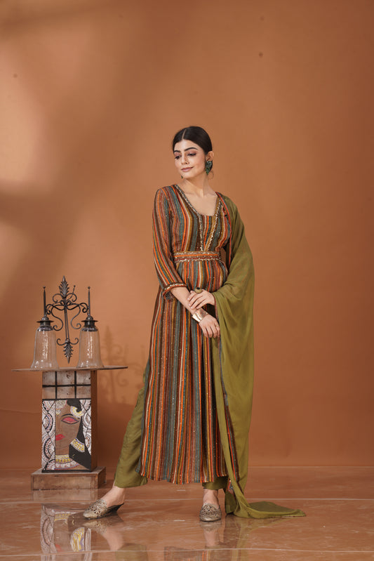 Mehfil Muse – Earthy Striped Kurta Set in Viscose Chinon
