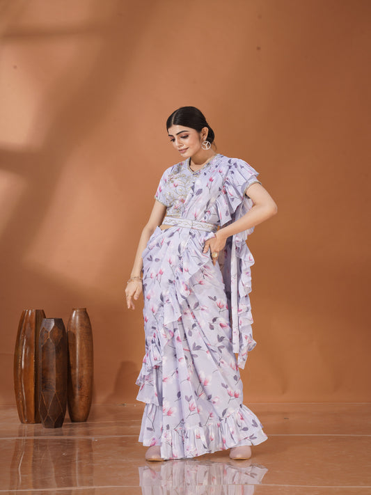 Lilac Ruffle Saree with Embroidered Blouse – Designer Floral Partywear