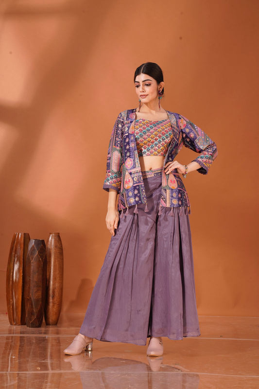 Gulzar Grace – Multicolor Jacket & Crop Top Set in Viscose Chinon