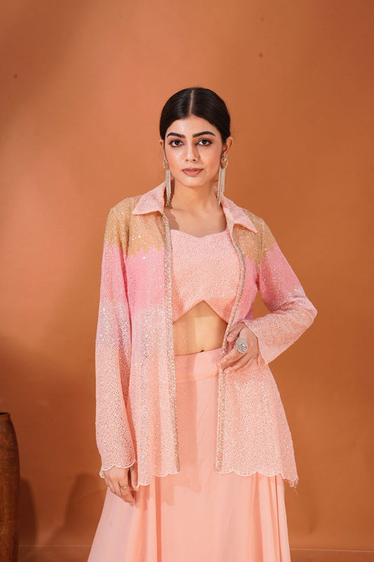 Sundown Sparkle – Peach Embroidered Jacket Set in Net