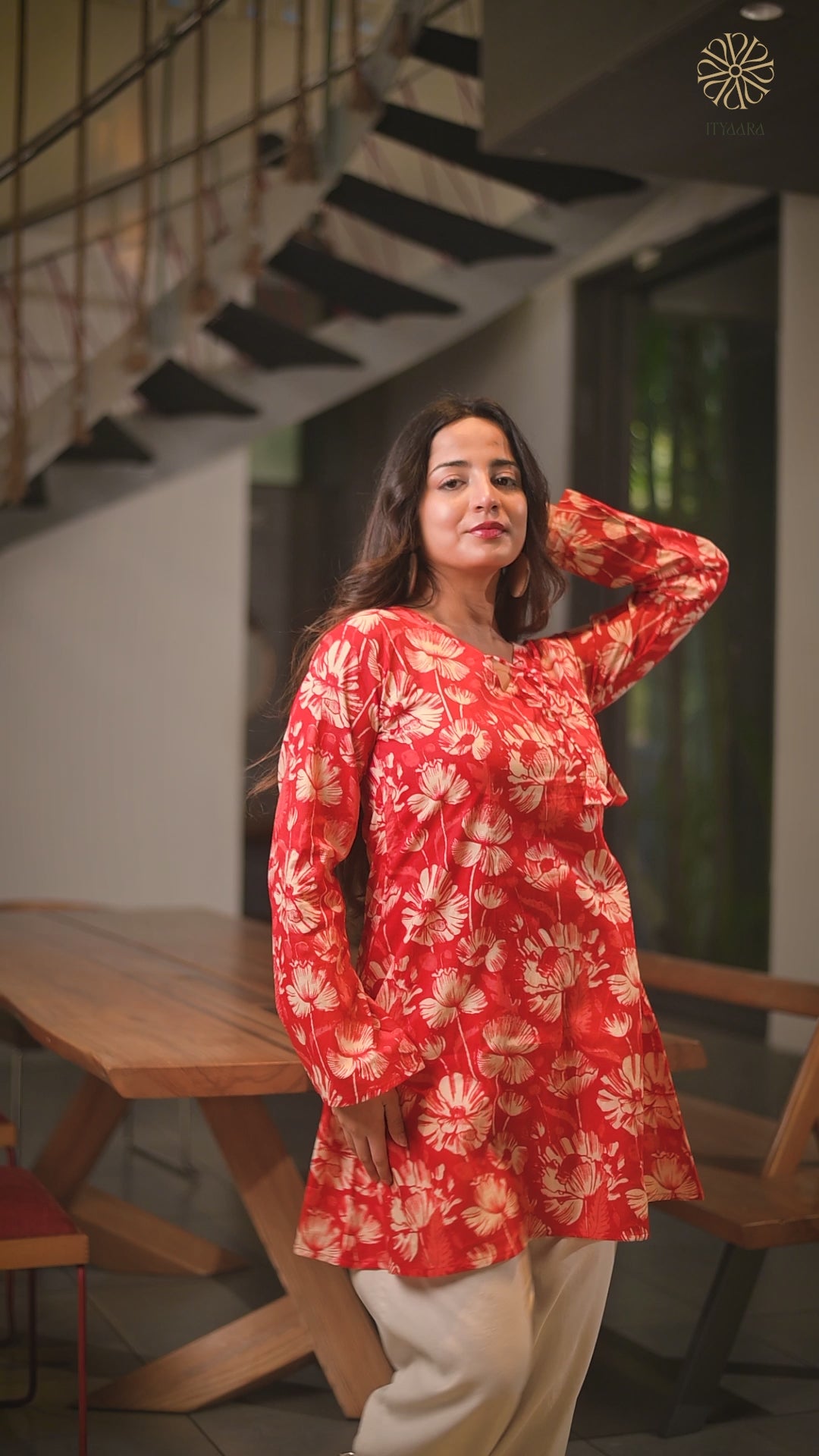 ANANYA - Red Floral Printed A-Line Kurti