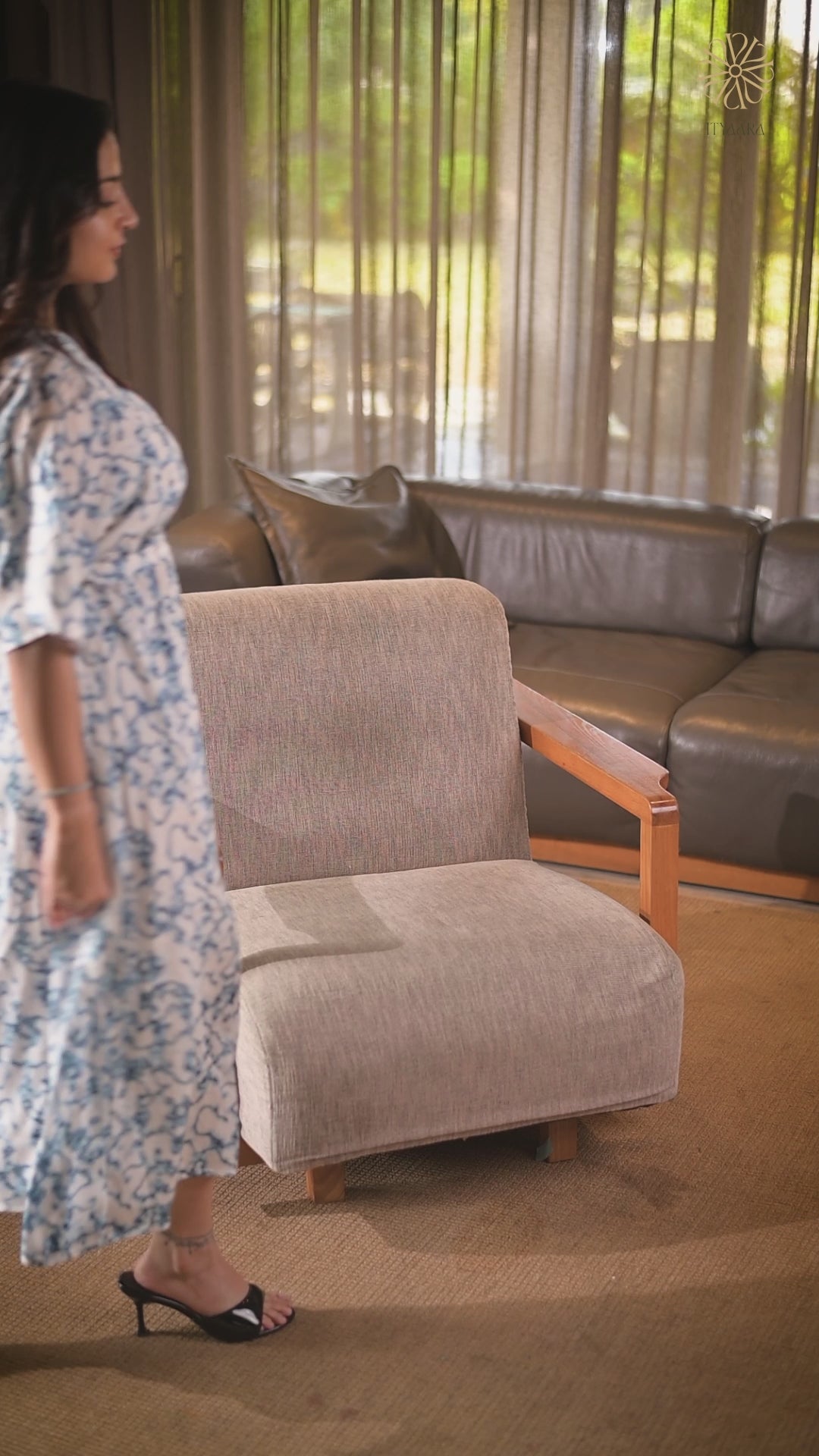 RHEA - White & Blue Abstract Printed Midi Dress